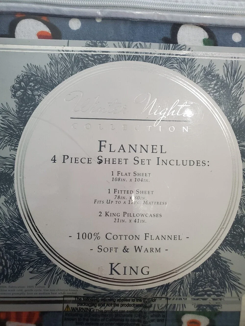 Winter Nights Pengin Flannel King Sheets